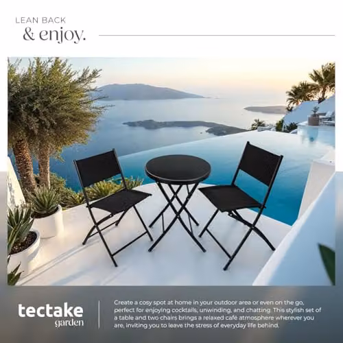 tectake Garden Bistro Set with Glass Top Round Table and 3 Chairs in Black – 4