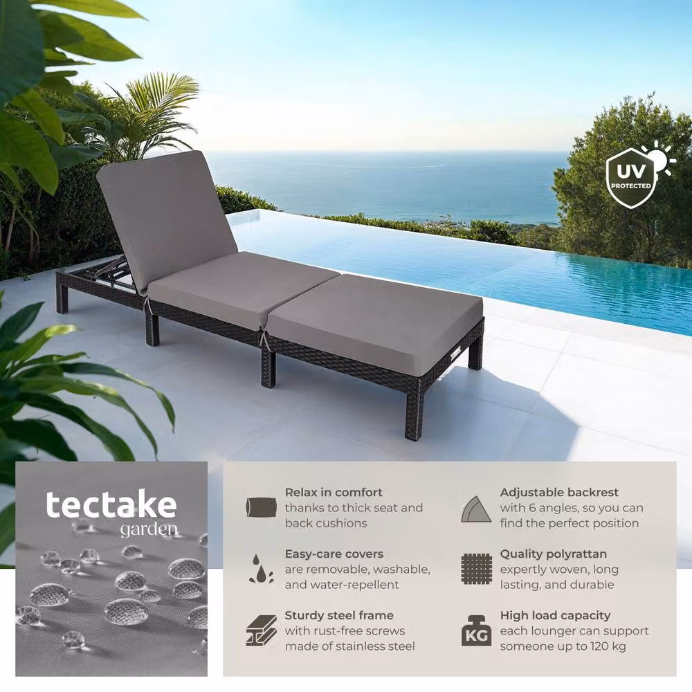 tectake Sofia Rattan Sun Lounger in Black and Grey with Weatherproof Cushions and Adjustable Headrest – 2