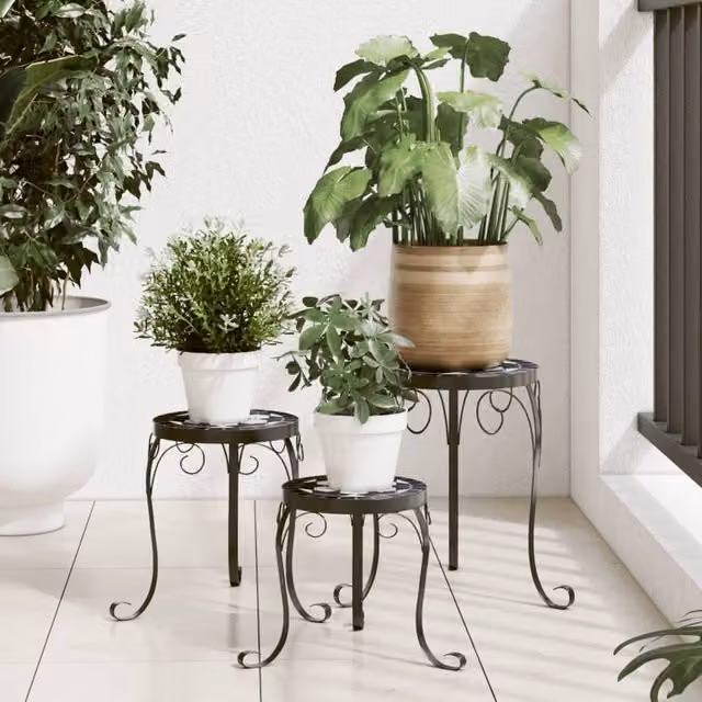 Berkfield Home Set of 3 Geometric Ceramic and Metal Tabletop Plant Stands in Black and White – 1