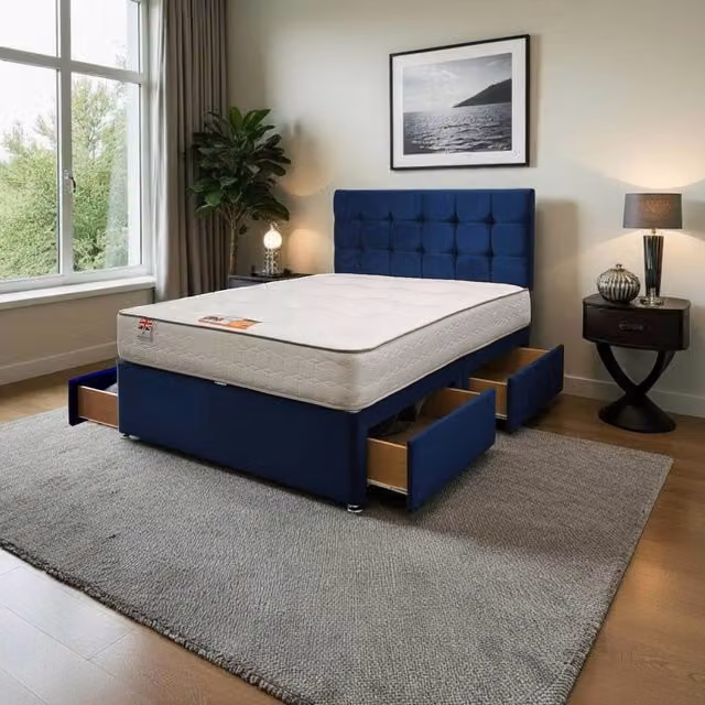 Knight Sleep Modern Upholstered Superking Bed Set with Mattress and Drawers in Blue Velvet Fabric, W/D/H: 200 x 200 x 60.96 cm