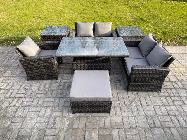 Fimous 7-Piece Rattan Outdoor Garden Furniture Set in Dark Grey with Height Adjustable Lifting Table, 2 Side Tables and Large Footstool