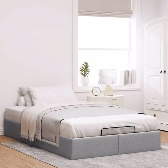 Berkfield Home Ottoman Bed Frame in Light Grey Fabric, W/D/H: 140 x 190 x 135 cm