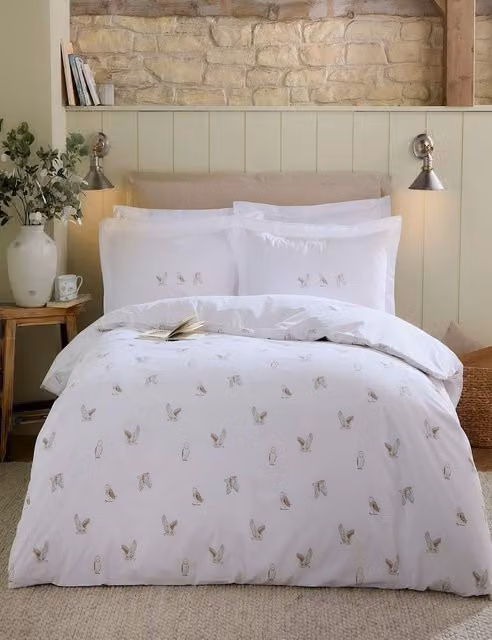 Sophie Allport Snowy Owls Pure Cotton Percale Bedding Set, White, W: 140 cm, L: 200 cm