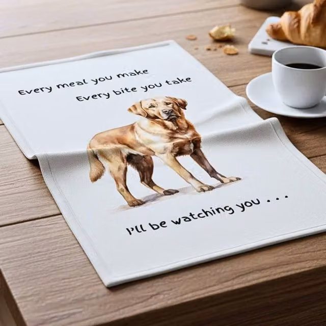 Animal Crackers Yellow Labrador Funny Watching You Cotton Tea Towel, White
