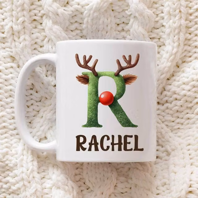 60 SECOND MAKEOVER Personalised Christmas Initial Ceramic Mug in Green with White Reindeer Font
