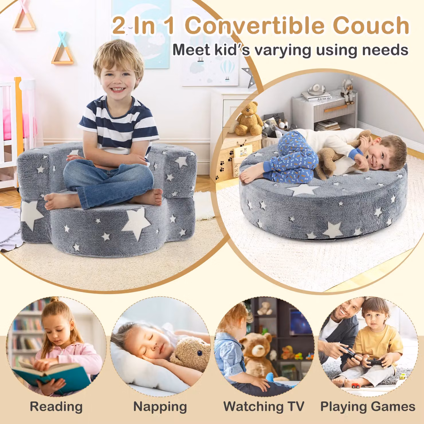 Gymax Convertible Kids Plush Sofa with Flannel Cover in Grey and Green – 2