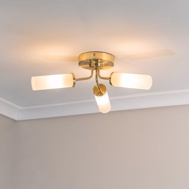 Canya 3 Way IP44 Reeded Glass Cylinder Ceiling Light with Warm White LED Bulbs in Gold/Brass