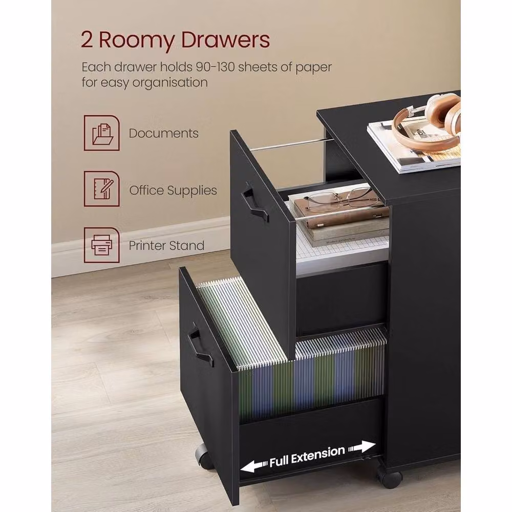 ERGOVEXA Lockable 2-Drawer Metal Filing Cabinet in Black with Castors – 3