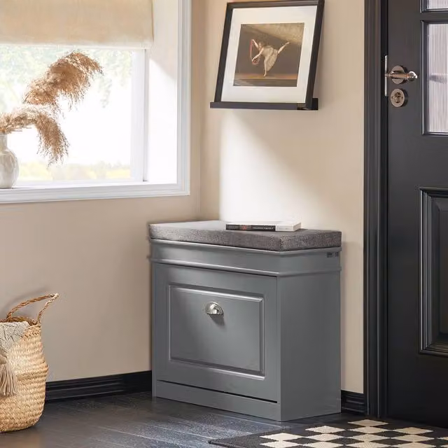 SoBuy Slim Entrance Shoe Cabinet in Grey with Fabric Upholstered Frame – 1