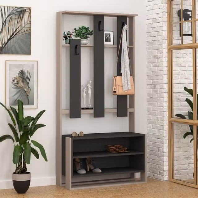 Decortie Chester Wall-Mounted Hall Tree Coat Hooks and Shoe Organiser, 2 Pack, Anthracite Grey and Walnut, H 180 cm