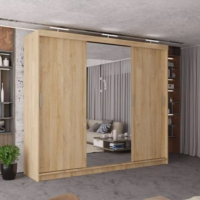 MN Furniture Modern 3 Door Sliding Wardrobe with LED Lighting, Mirror and Internal Drawers, Brown, Width: 250 cm