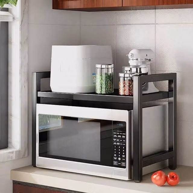 SPETLEK 2 Tier Microwave Oven Shelf Rack Stand Storage Organizer in Black with Adjustable Shelves – 1