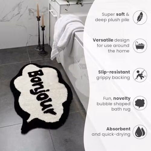 Mooky Mats Bonjour Slogan Non-Slip Bath Mat in Black and Beige, W: 50 cm, D: 80 cm – 5