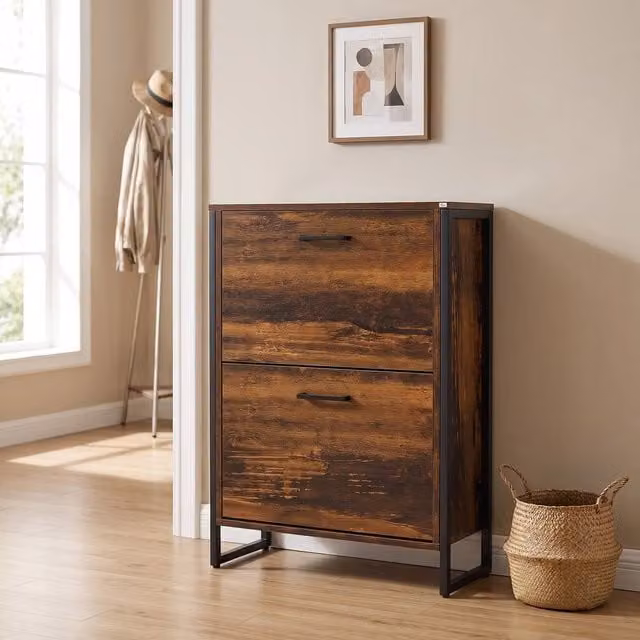 STILVORA Industrial Shoe Cabinet in Brown with 2 Tilting Doors and Metal Accents