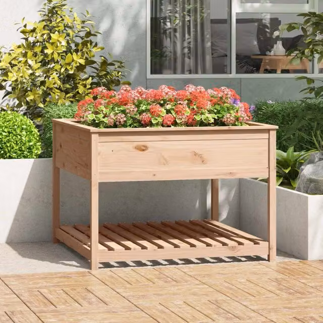 Berkfield Brown Solid Wood Pine Raised Bed Planter with Shelf W: 111.5 cm, D: 111.5 cm, H: 81 cm – 1