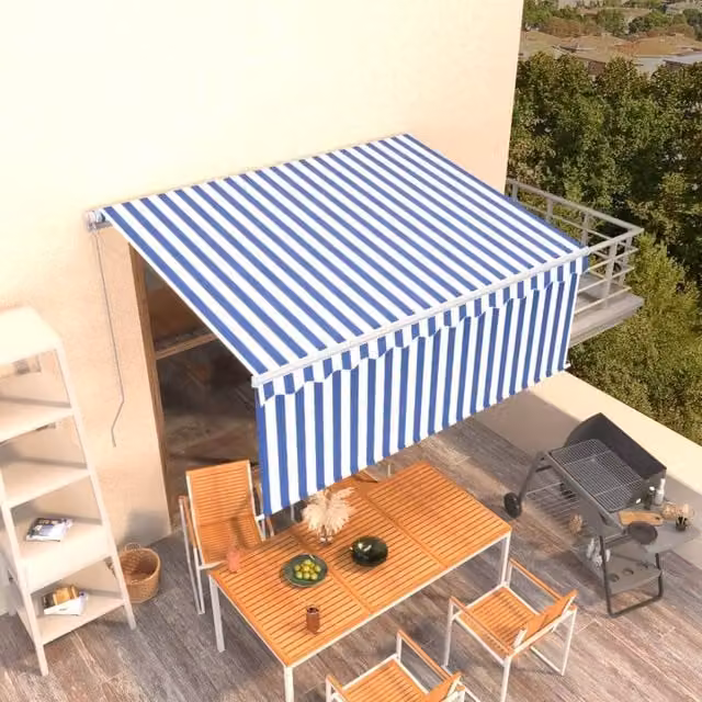Berkfield Home Manual Retractable Awning with Blind, Blue and White Striped, W: 300 cm, D: 250 cm – 1
