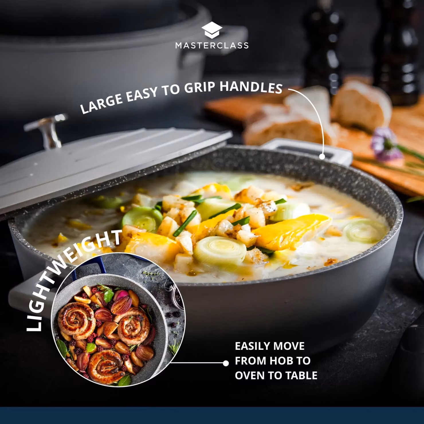MasterClass Non-Stick Shallow Casserole Dish with Lid, Grey, 4 l – 9