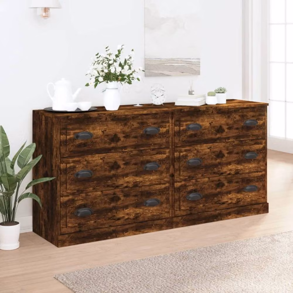 Berkfield Home Set of 2 Smoked Oak Engineered Wood Sideboards in Brown, W/D/H: 67.5 x 35.5 x 35.5 cm – 1