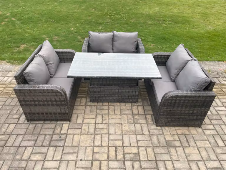 Fimous 3 Piece Rattan Garden Furniture Set with Height Adjustable Dining Table in Dark Grey