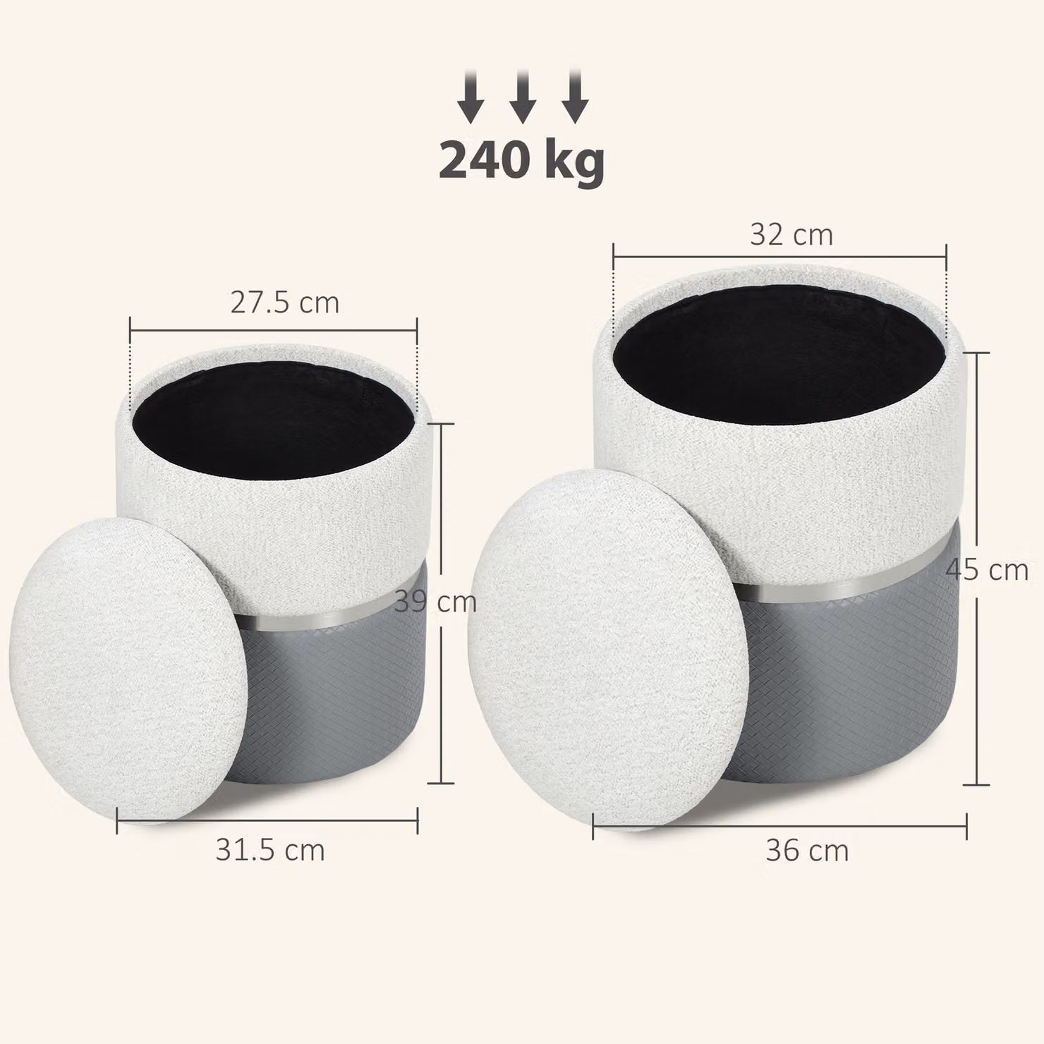 HOMCOM Set of 2 Nesting Round Ottomans with Storage in Grey – 3