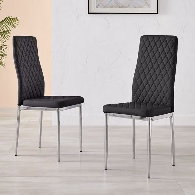 FurnitureboxUK Set of 4 Milan High Back Diamond Pattern Faux Leather Dining Chairs in Black with Silver Chrome Metal Legs – 1