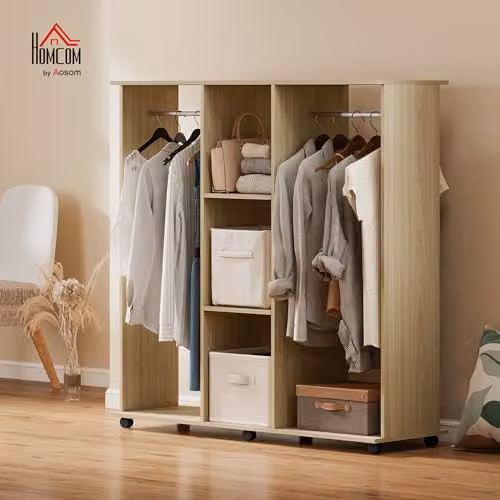 HOMCOM Mobile Double Open Wardrobe with Clothes Hanging Rail and 3 Shelves in Natural and Beige – 2