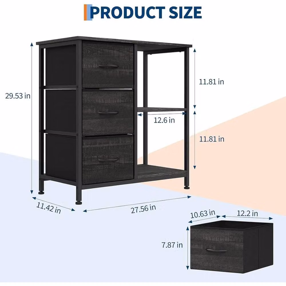 VOGREX Black 3 Drawer File Cabinet and Printer Stand with 2 Open Shelves – 2