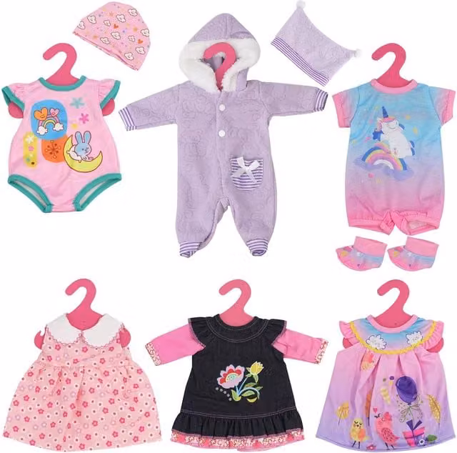BiBi Doll Set of 6 Purple and Multicolour Baby Doll Outfits Including Bodysuits and Dresses