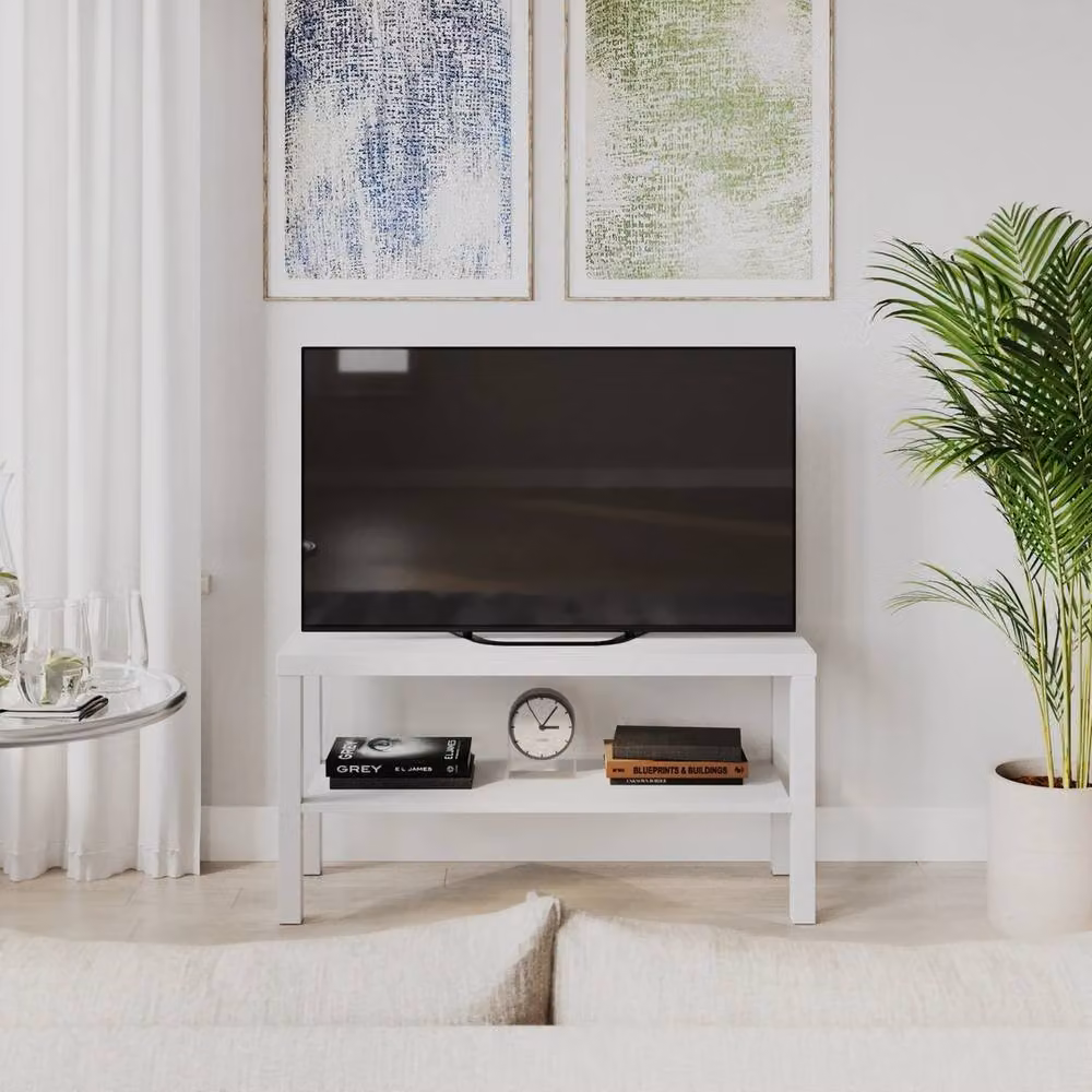 VOGREX White 2 Tier Modern TV Bench Entertainment Media Stand Cabinet – 2