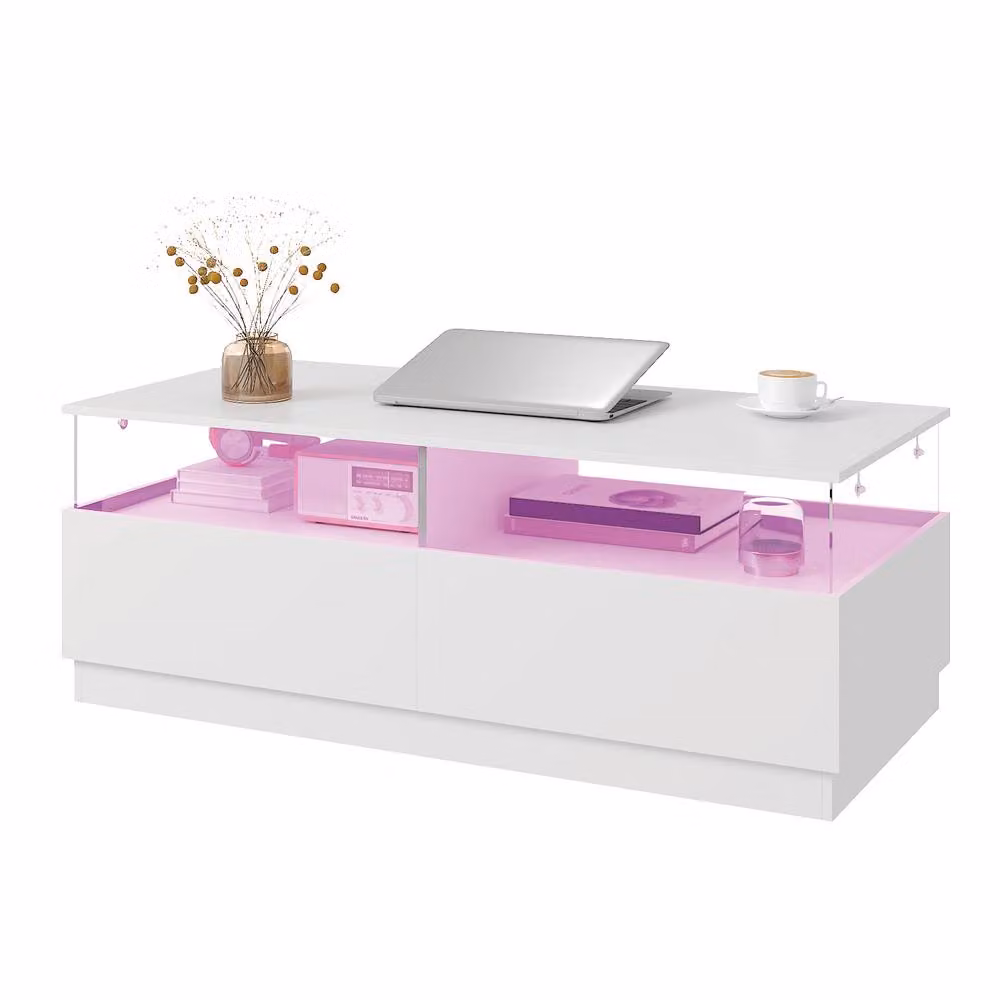 KEEPREAPER Modern Rectangular Coffee Table with LED Light and 2 Drawers in White – 2