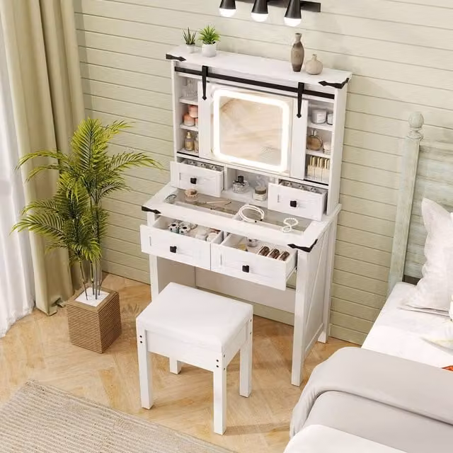 Costway Makeup Vanity Desk Set with Hollywood LED Mirror and Stool in White – 1