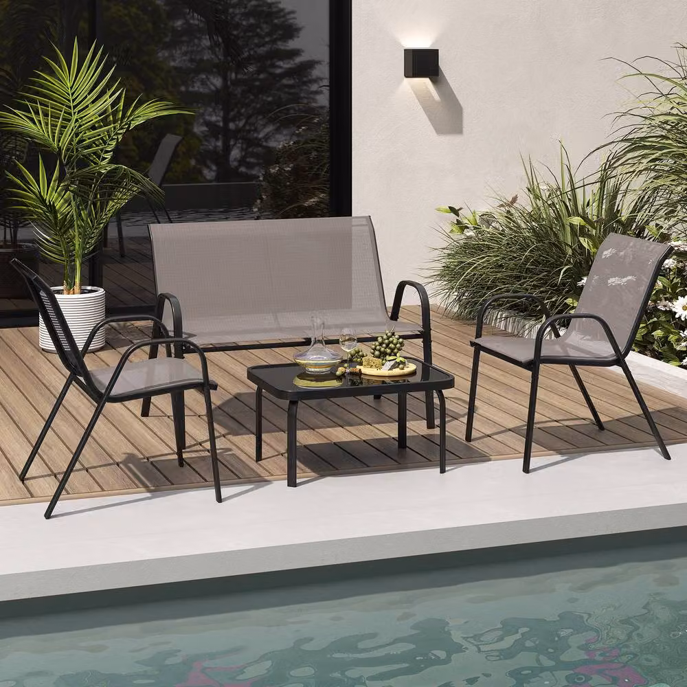 Costway 4-Piece Grey Outdoor Patio Furniture Set with Metal Frame, 2-Seater Sofa, Armchair and Coffee Table – 3