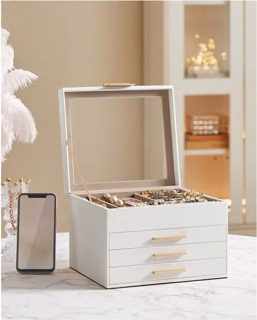 SONGMICS 4-Layer Jewellery Box with 3 Drawers and Glass Lid, White