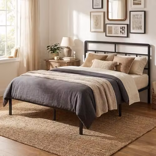 Levede Metal Double Bed Frame with Headboard in Black, W/D/H: 140 x 200 x 135 cm