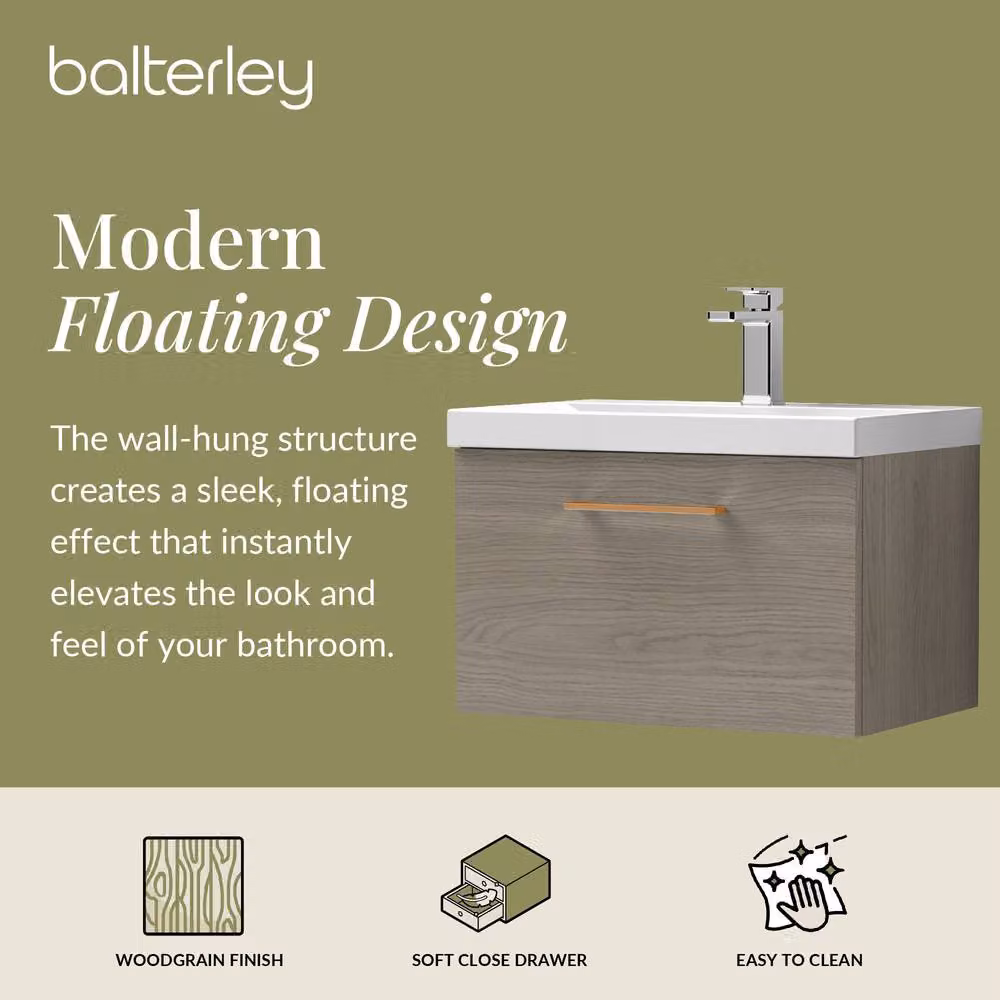 Balterley Mid Oak Wall Hung 1 Drawer Vanity Basin Unit with Copper Handle in Brown – 2