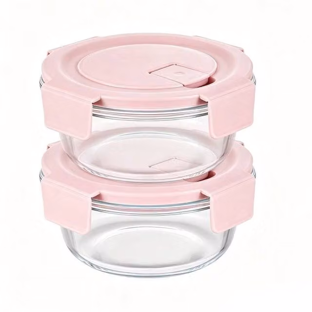EONLION Round Glass Food Storage Containers with Clip Lid, Pink