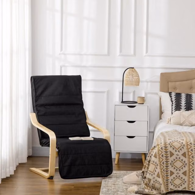 HOMCOM Modern Black Fabric Relax Recliner with Solid Birch Wood Frame and Armrests