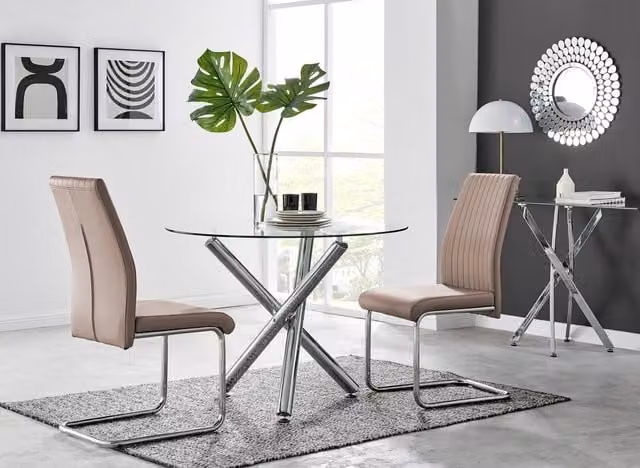 FurnitureboxUK Selina Round Glass and Chrome Metal Dining Table and Lorenzo Chairs Set in Beige – 1