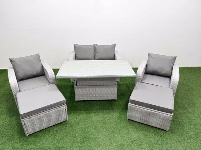 Fimous 6 Seater Grey PE Wicker Rattan Garden Furniture Set with Upholstered Cushions, 2 Seater Sofa, Lounge Armchair, Coffee Table and 2 Ottomans