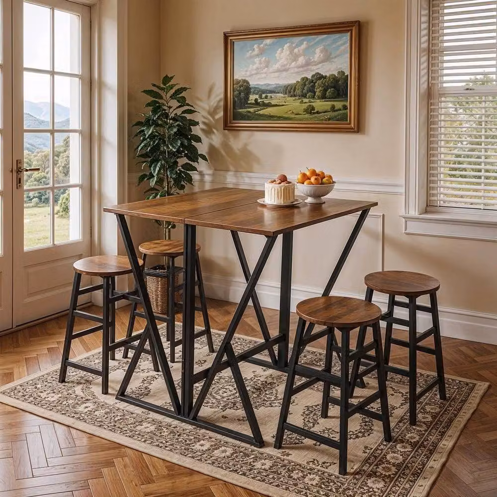 KORVIXA Brown Drop-Leaf Folding Dining Table and 4-Stool Set for Kitchen or Dining Room – 3