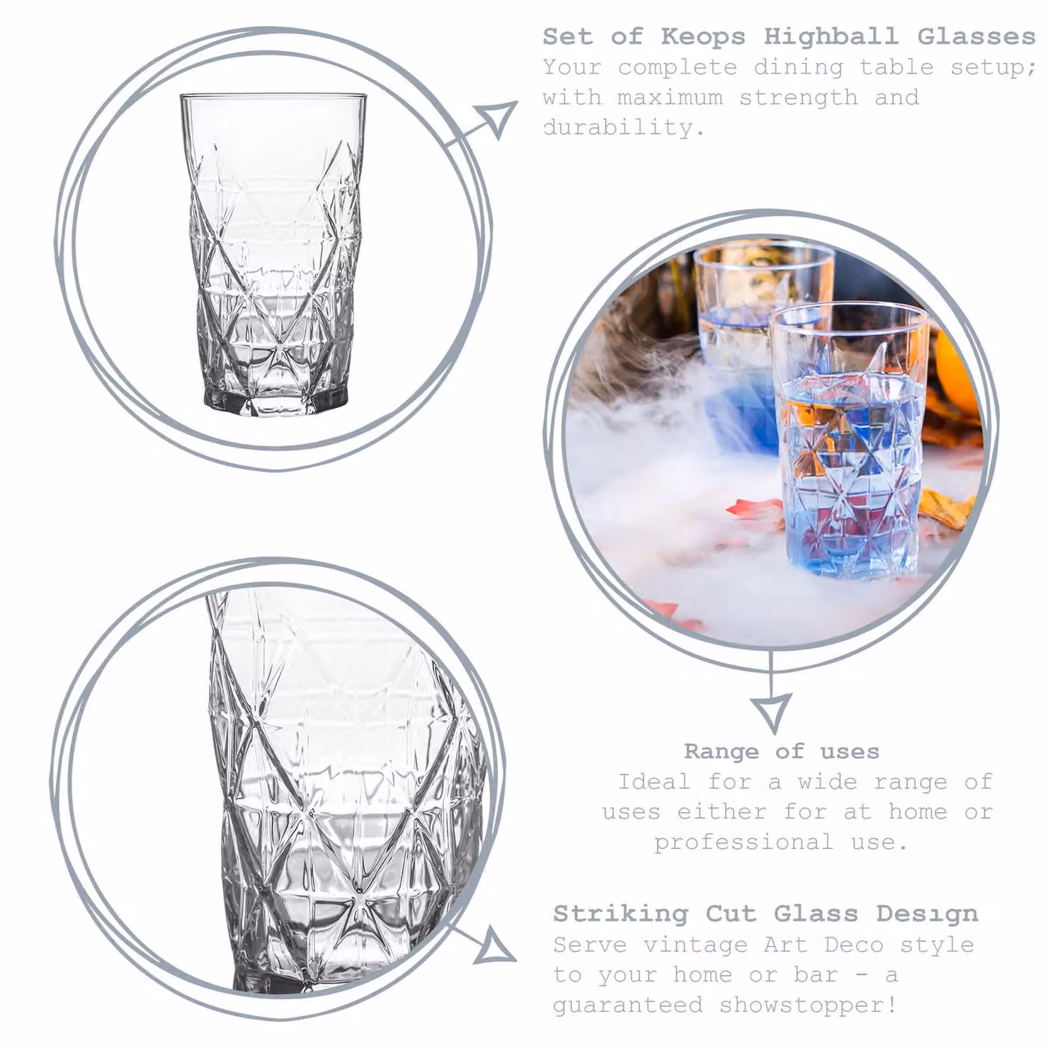 LAV Keops Geometric Highball Tumbler Glasses, Clear, Set of 6, 460ml – 2