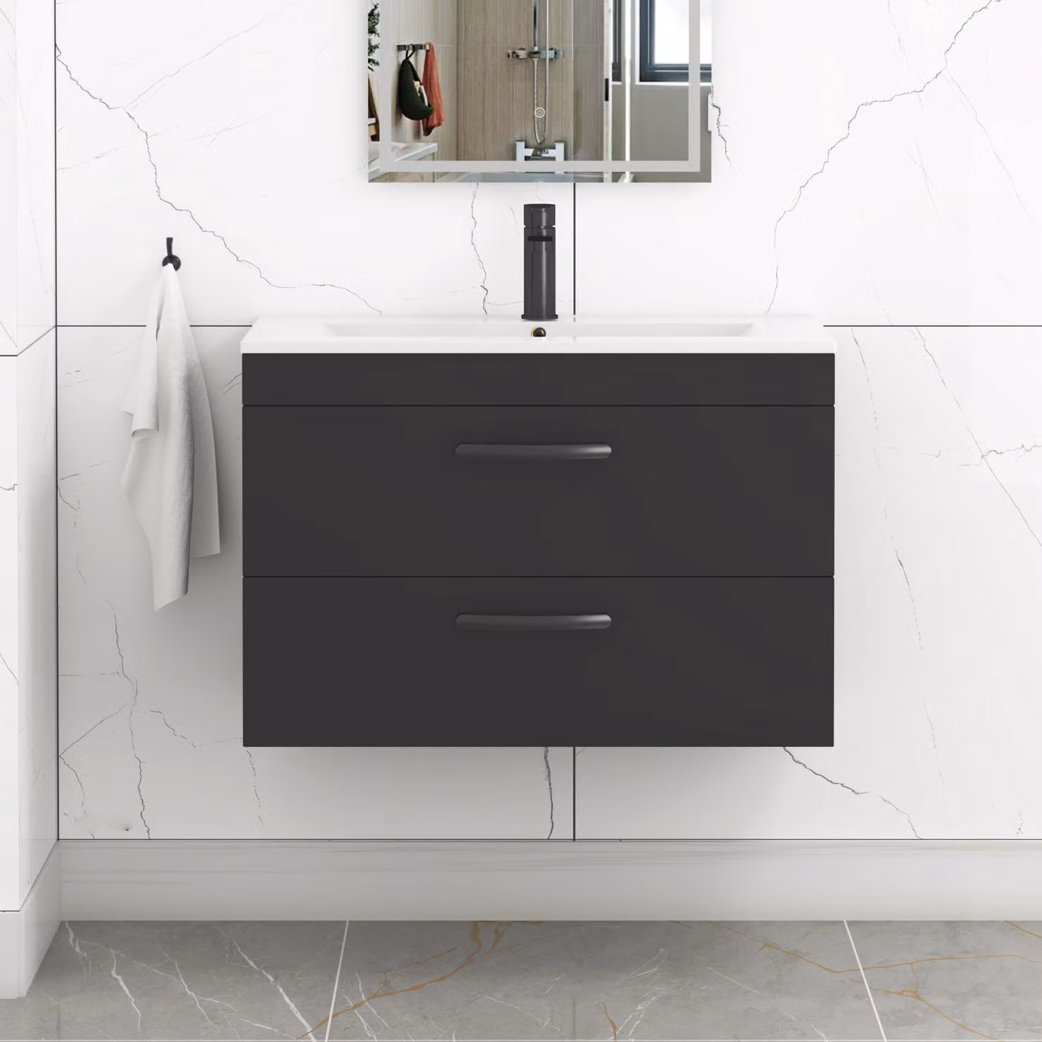 Royal Bathrooms Turin 800mm Wall Hung Vanity Unit in Matt Black with 2 Drawers and Minimalist Basin