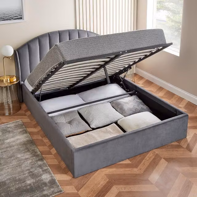 Home Treats Grey Velvet Upholstered Ottoman Bed Frame with Lift Up Base, 180 x 200 cm