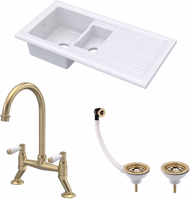 Balterley White Ceramic 1.5 Bowl Reversible Kitchen Sink with Drainer, Mixer Tap and Waste, W/D/H: 101 x 52.5 x 23.5 cm in White and Brushed Brass
