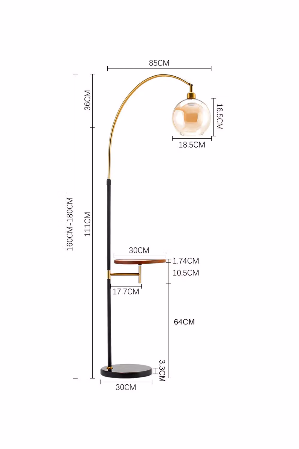 Living and Home Modern Adjustable Arc Floor Lamp with Wood Tray in Black and Gold – 2