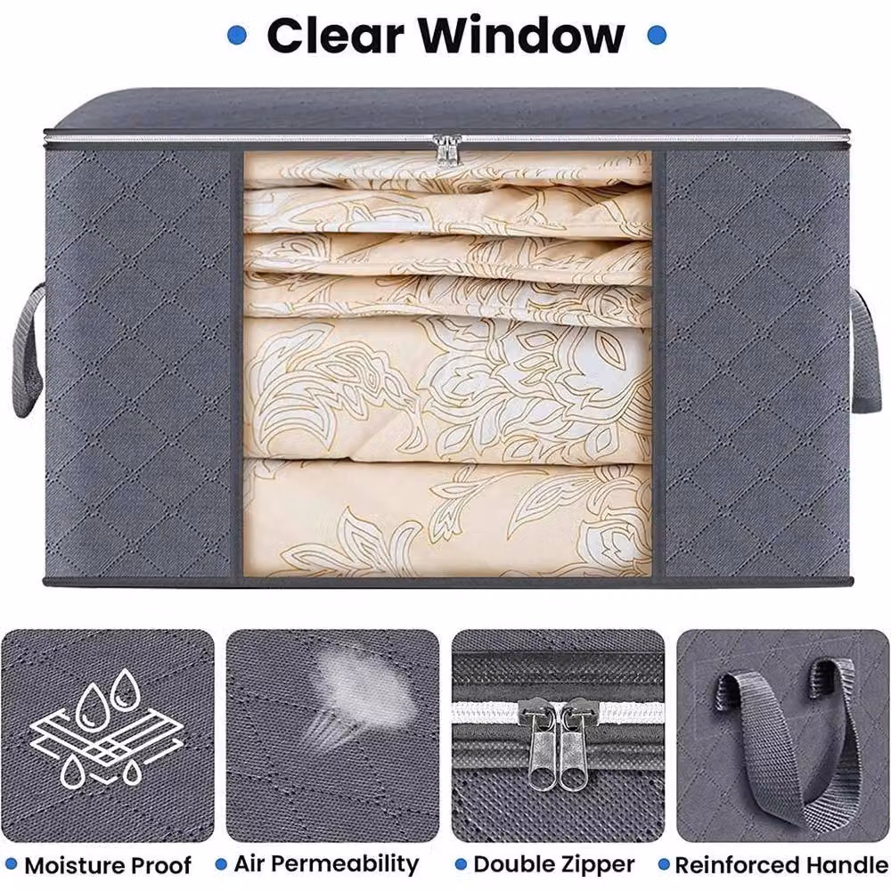 VOGREX 6 Pack 90L Zipped Fabric Storage Bags for Clothes and Bedding in Grey – 3