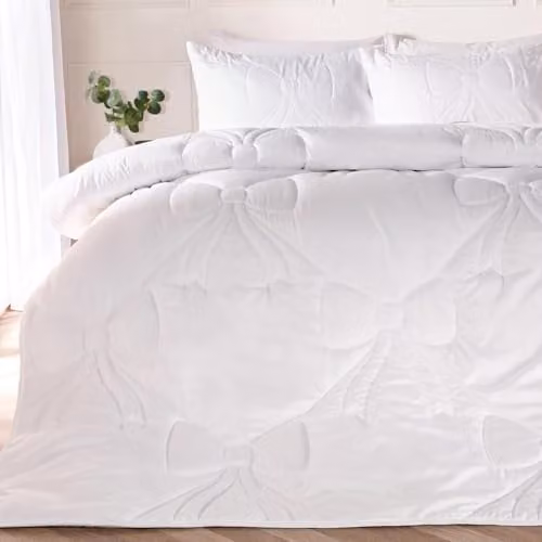 OHS White Microfibre Lattice Bow Coverless 7.5 Tog Single Duvet and Pillowcase Set, W/D/H: 135 x 200 cm
