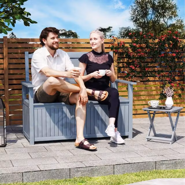 Outsunny Modern 2 Seater Lacquered Wood Garden Storage Bench in Grey