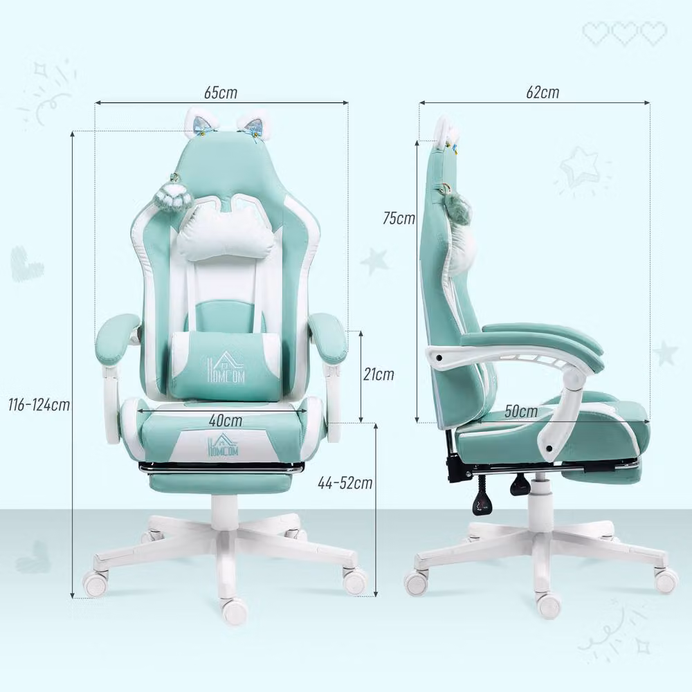 ERGOVEXA Cat Ear and Paw Reclining Gaming Office Chair in Green with Footrest and Headrest – 2