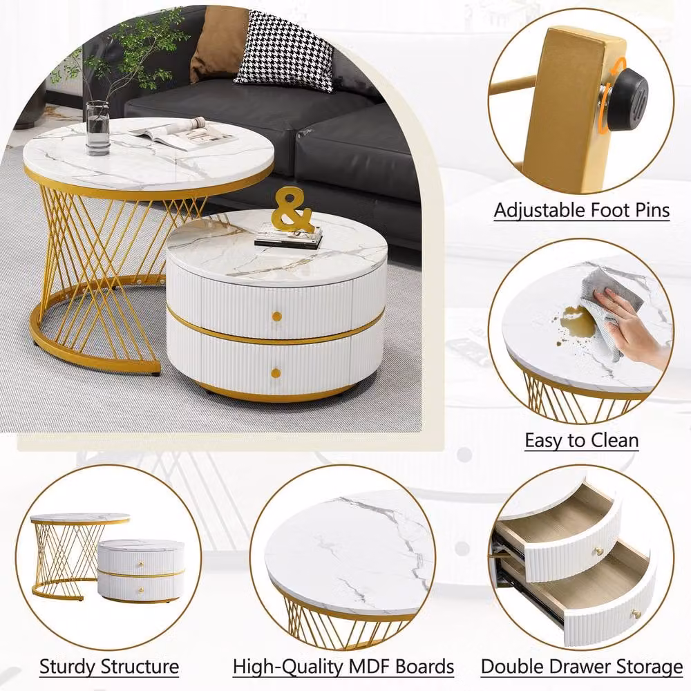 Rolipo White and Gold Round Nesting Coffee Table Set of 2 with Drawers – 3